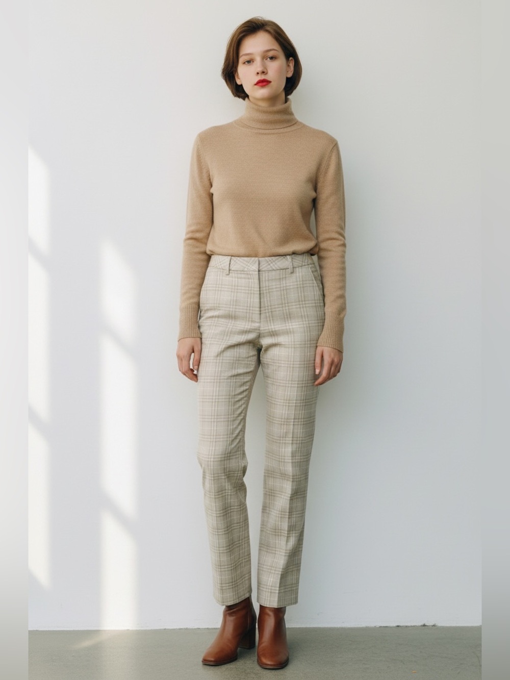 Burberry Beige Plaid Straight-Leg Trousers